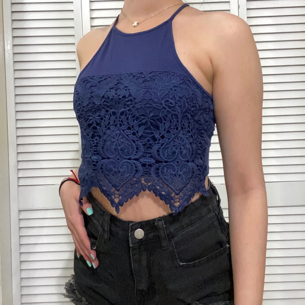 Garage halter embroidered crop top